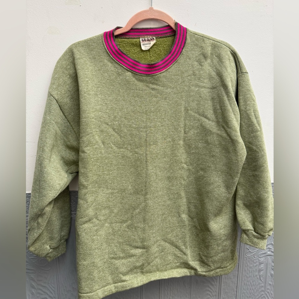 Vintage GUESS Sweatshirt 80s 90s Olive Green Neon Rib Collar Made in USA Style